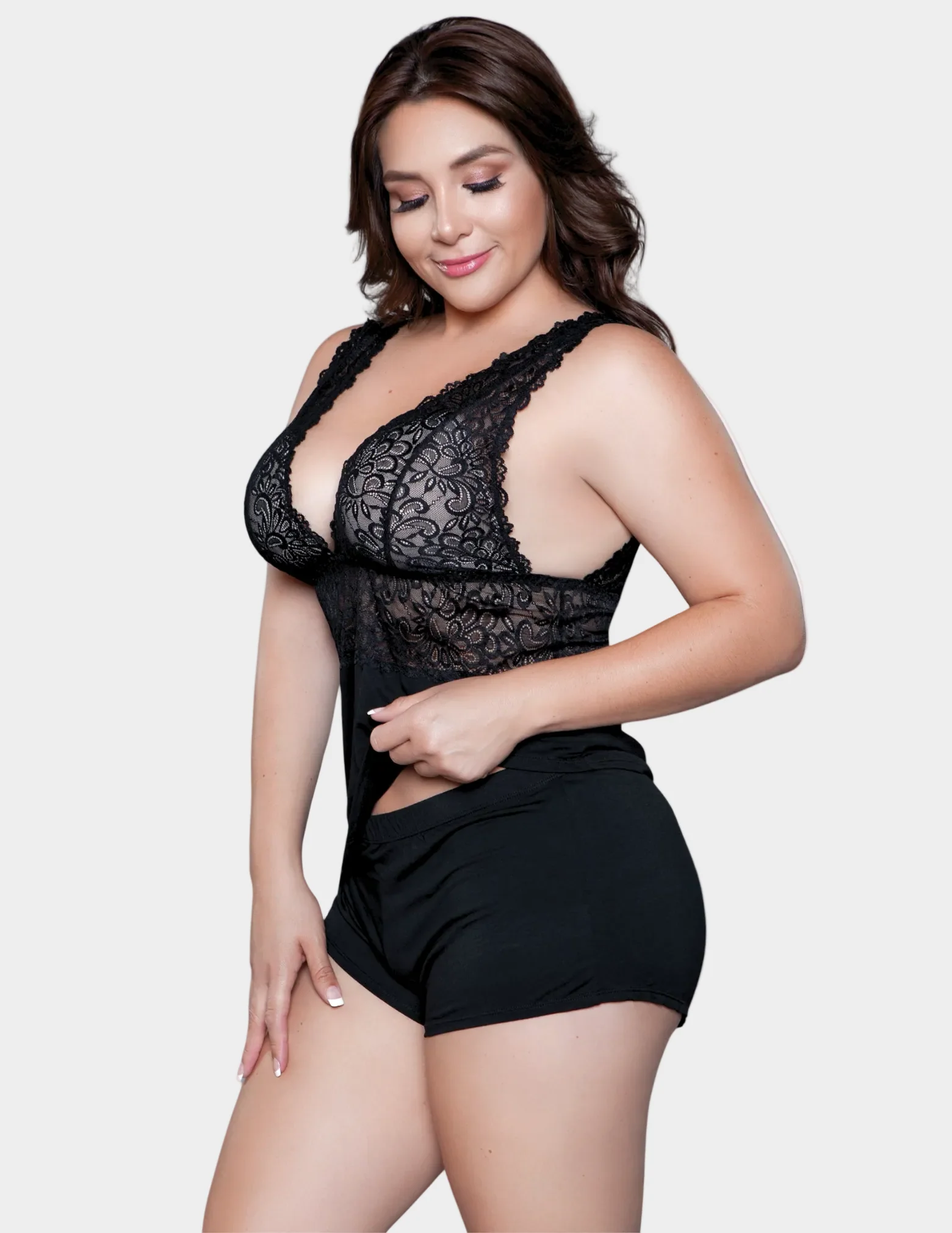 Orian 2 Piece Lace Plunging Neckline PJ Set - Image 3