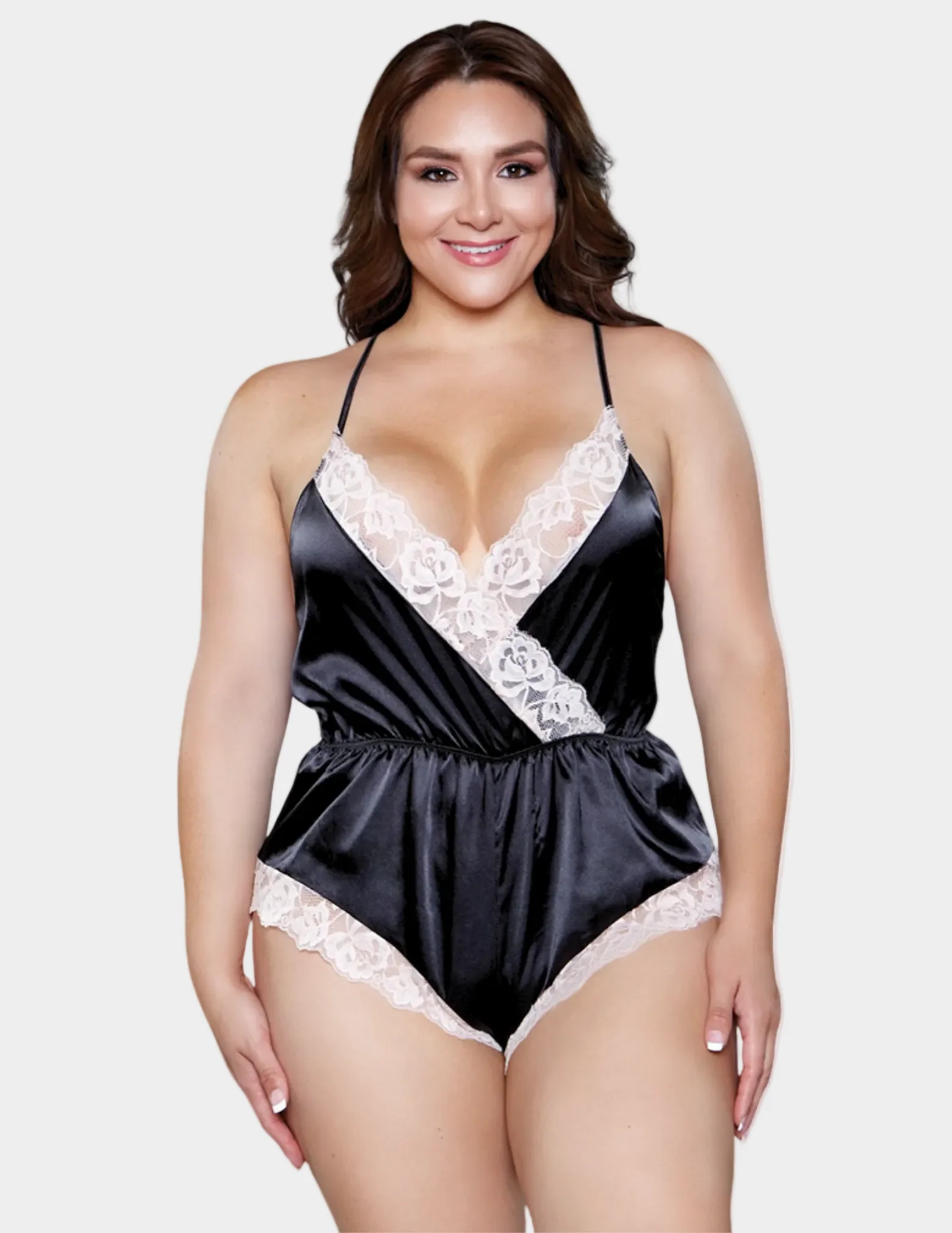 Satin Lace Romper with Plunging Neckline - Image 3